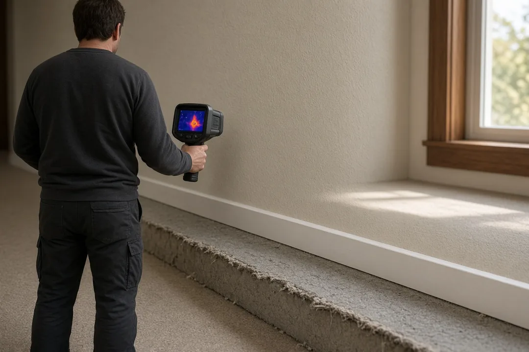 Technician seen from behind scanning a basement wall with a thermal camera